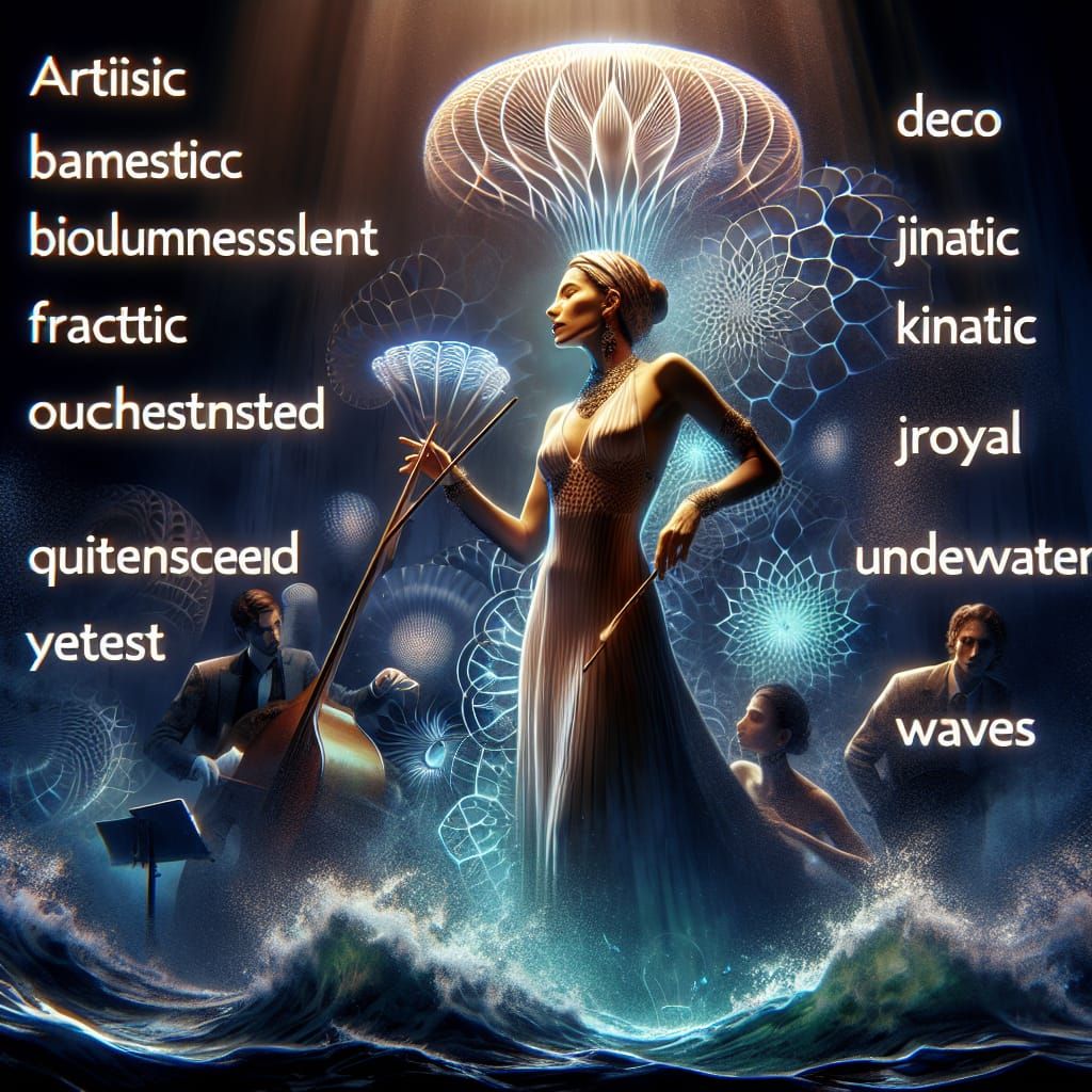 Bioluminescent Deco Lady of Music in Underwater Tempest