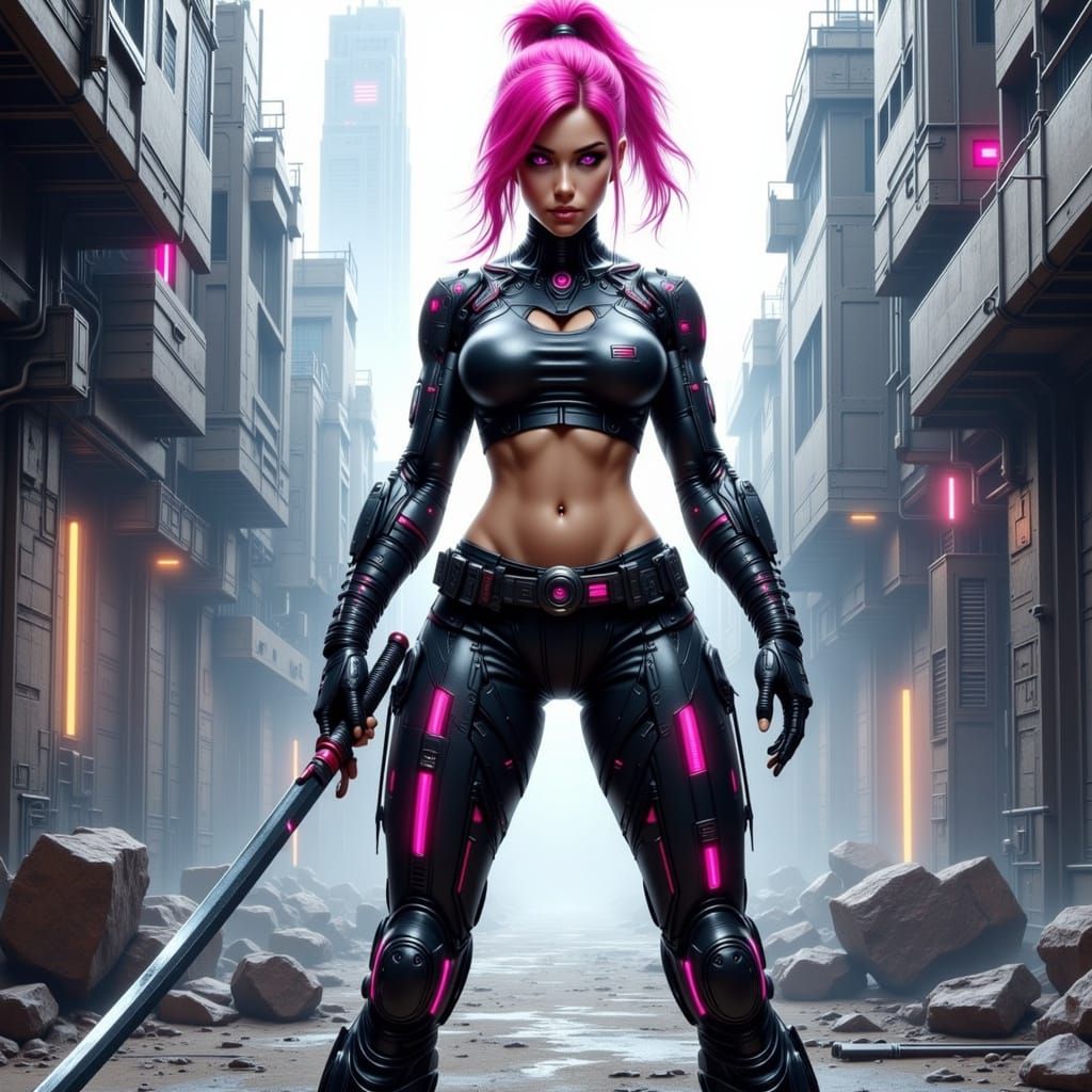 Cyberpunk Cyborg Warrior in Post-Apocalyptic City
