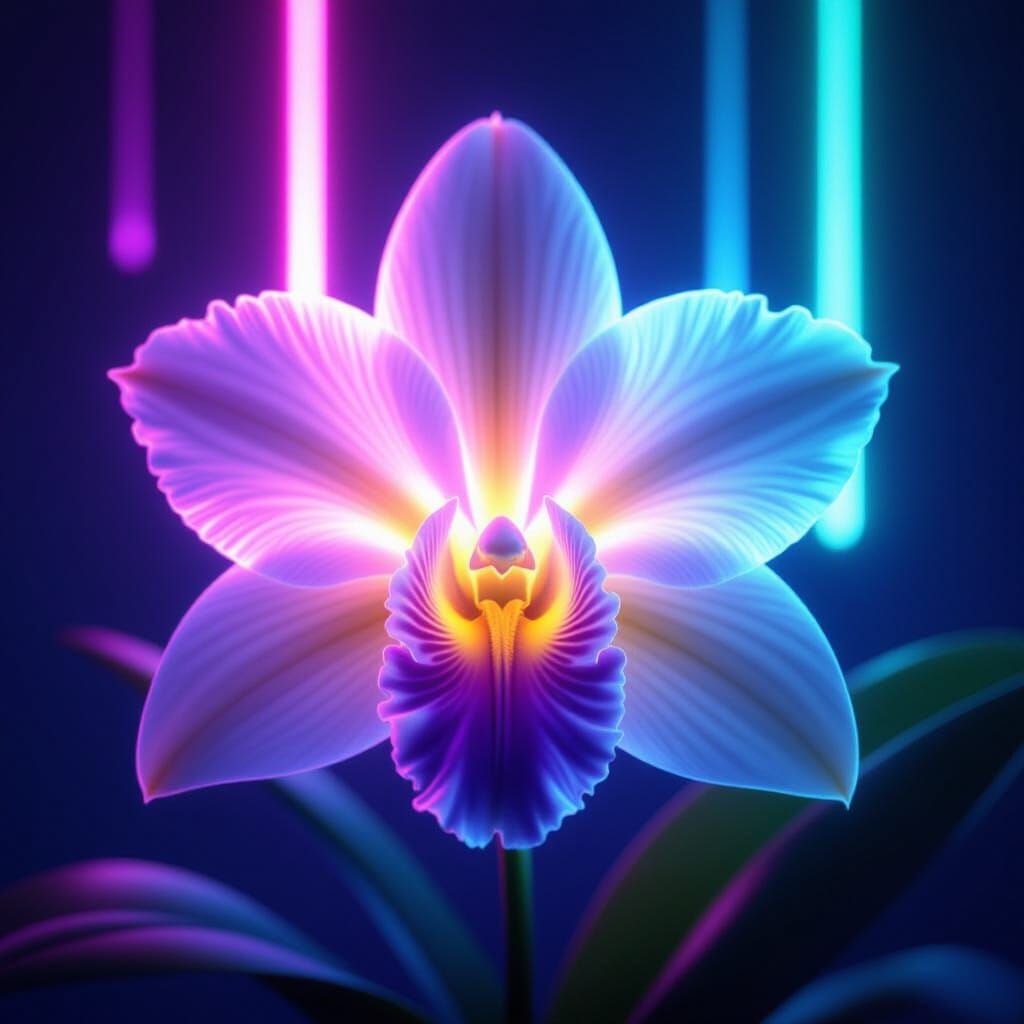 Glass Cattleya Orchid in Neon Cyberpunk Style
