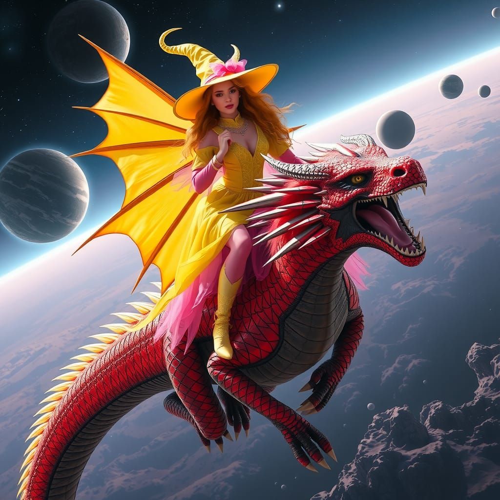 Cosmic Witch Rides a Dragon in Surreal Style
