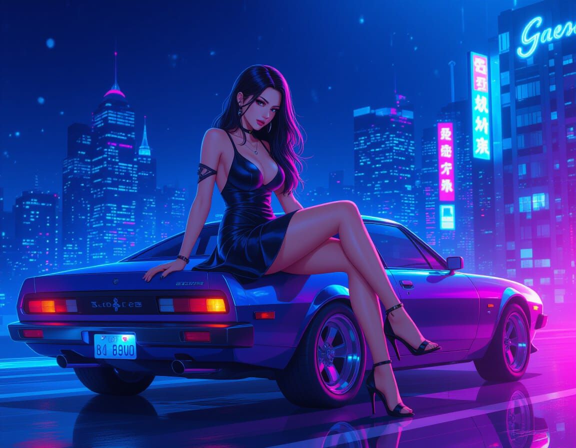 Woman on Car in Anime Art Style