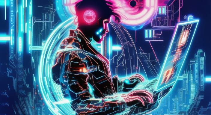 Man Merging with Computer in Tron Aesthetic