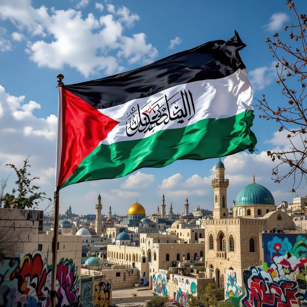 Palestinian Flag Over Liberated Homeland in Street Art Style