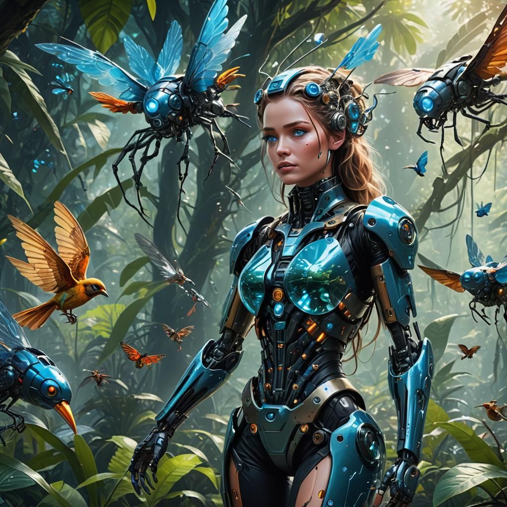 Biotech Jungle with Glass Robot Woman in Oil Painting Style