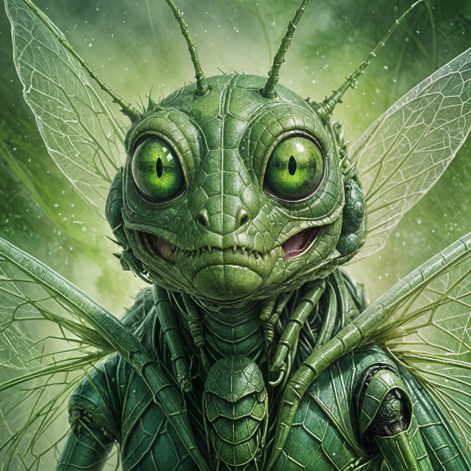 Ethereal Grasshopper Man with Green Skin and Huge Eyes
