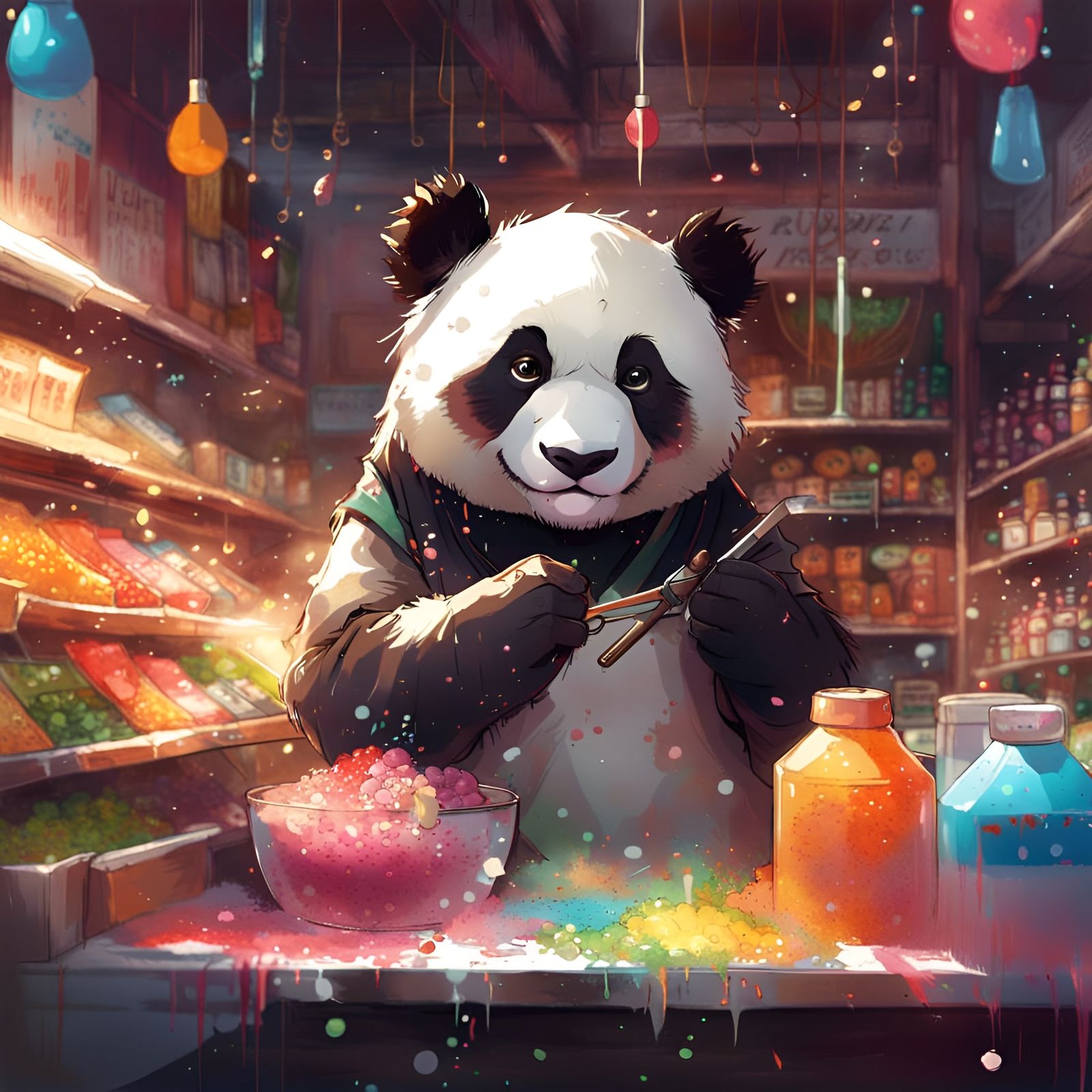 Panda in Colorful Food Store, Detailed Digital Art