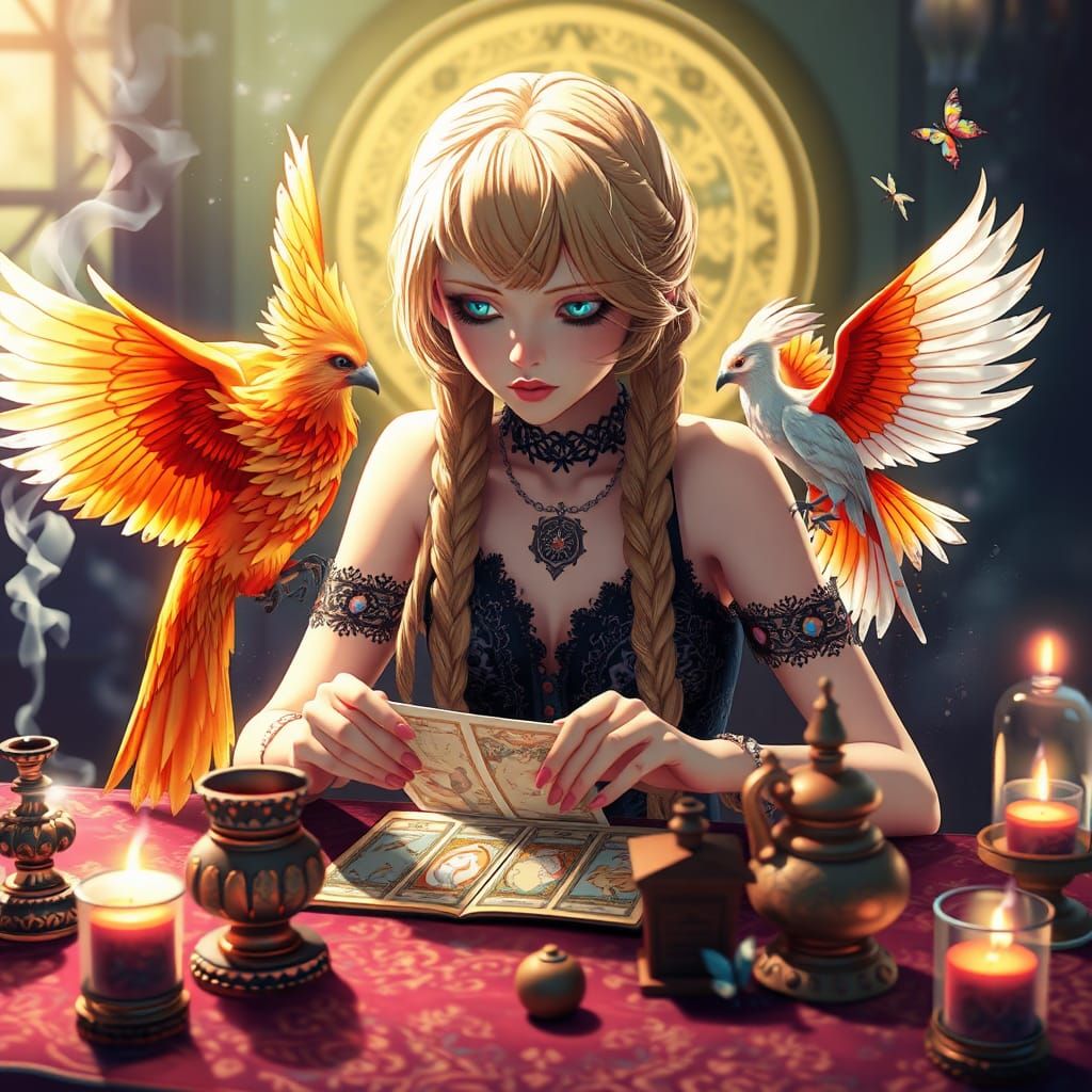 Mystical Tarot Reader with Phoenix, Anime Art