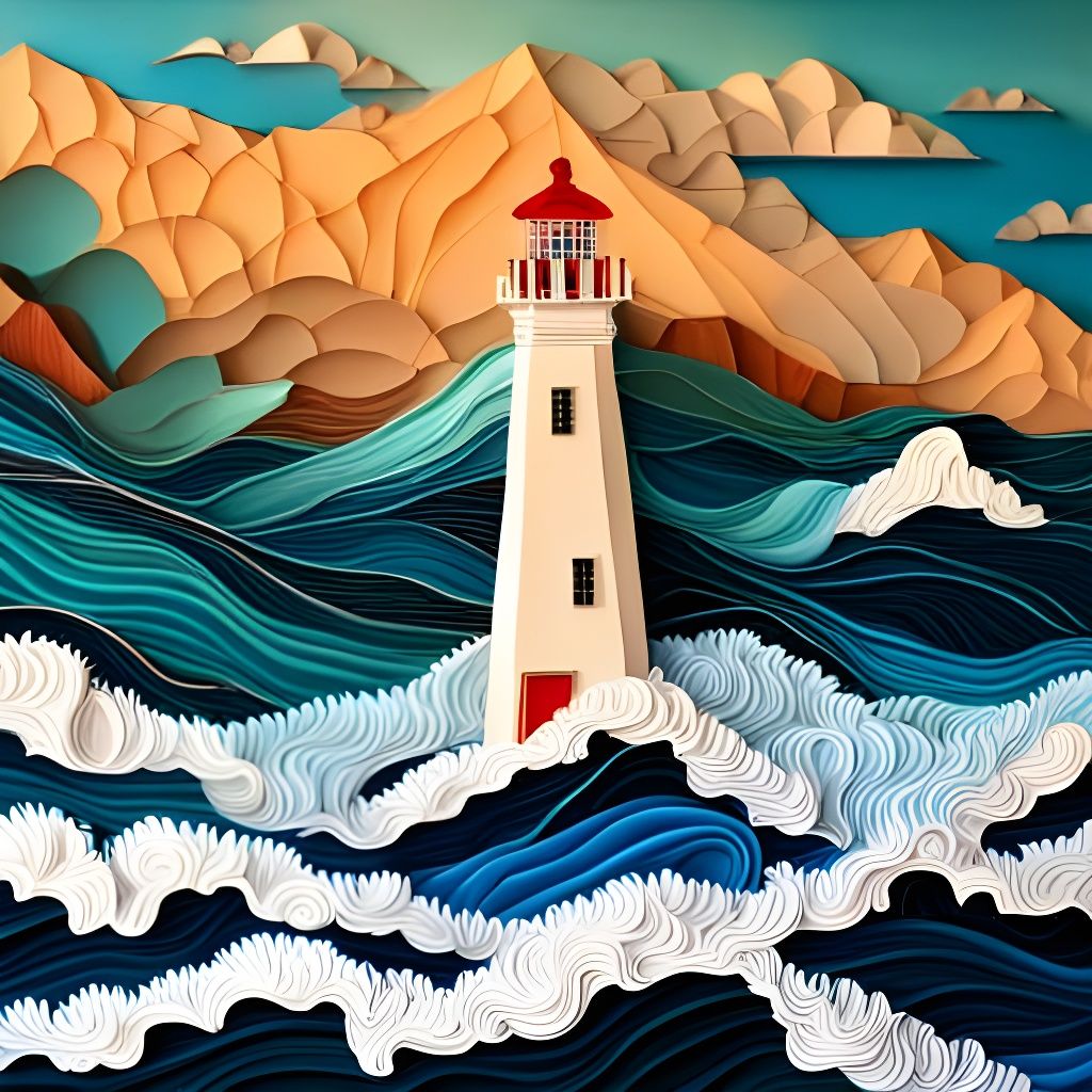 Lighthouse Under Large Waves in Paper Quilling Style