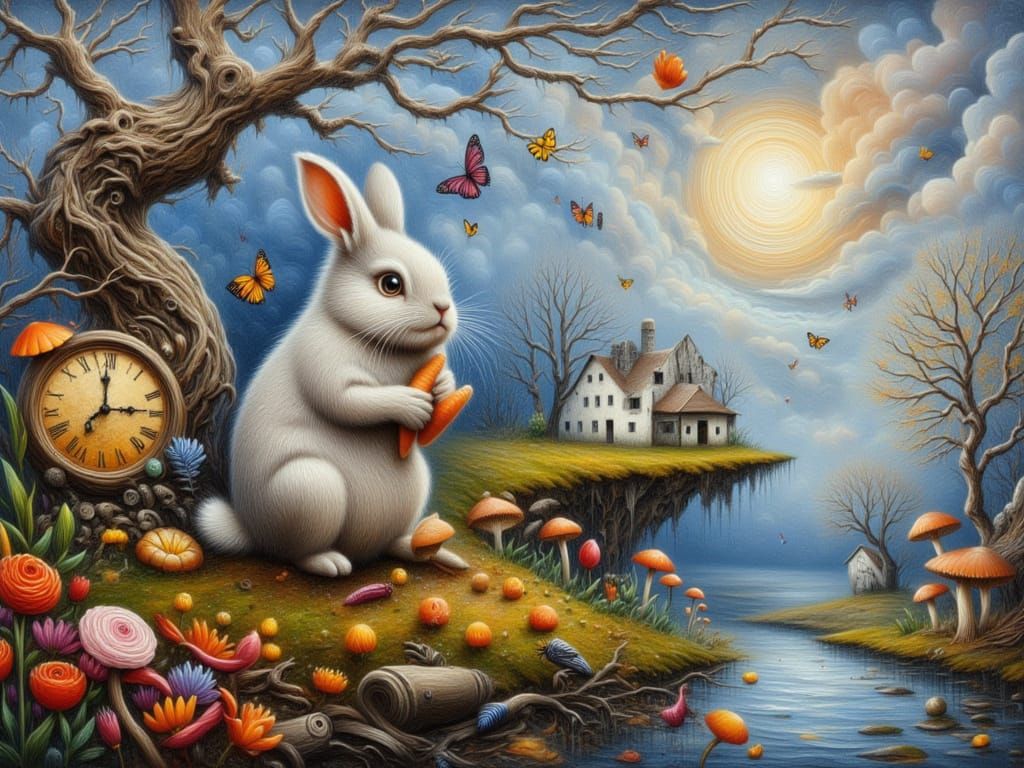 Whimsical Rabbit's Island Retreat with Melting Clocks