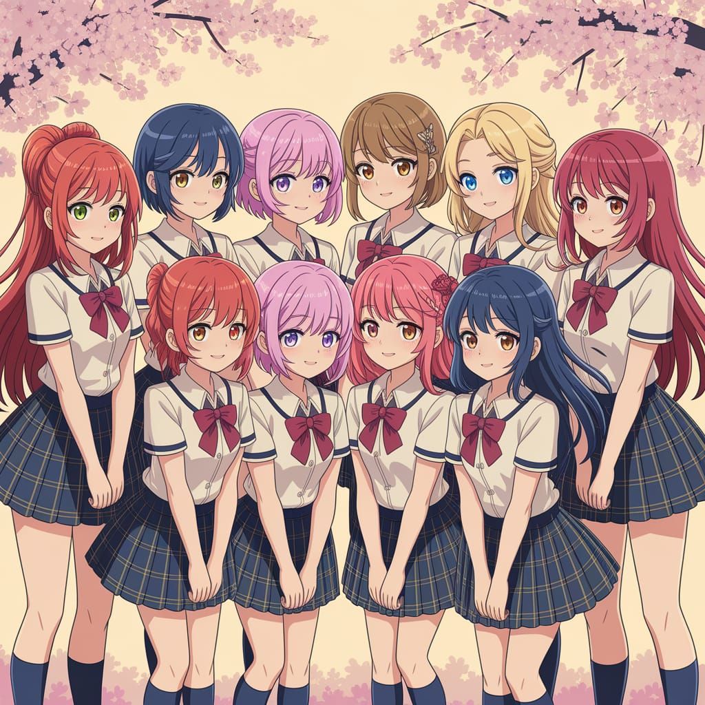 Charming Young Women in Traditional Seifuku Unite Under Cher...