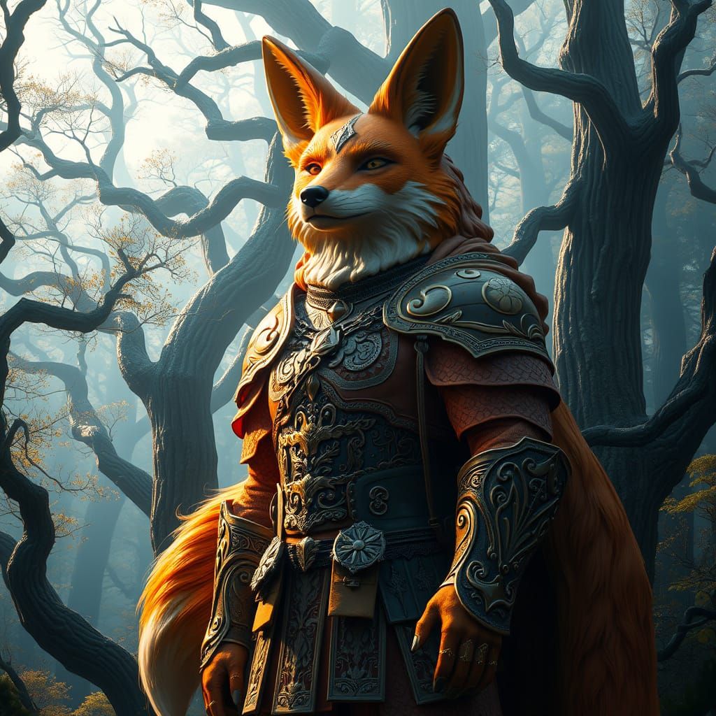 Majestic Fox Statue in Mystical Forest, Art Nouveau Style