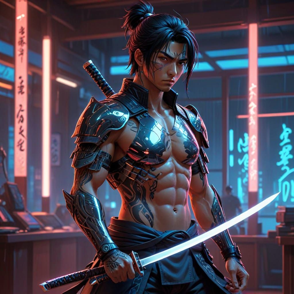 Cyberpunk Samurai in Neon-Lit Dojo with Glowing Tattoos and ...