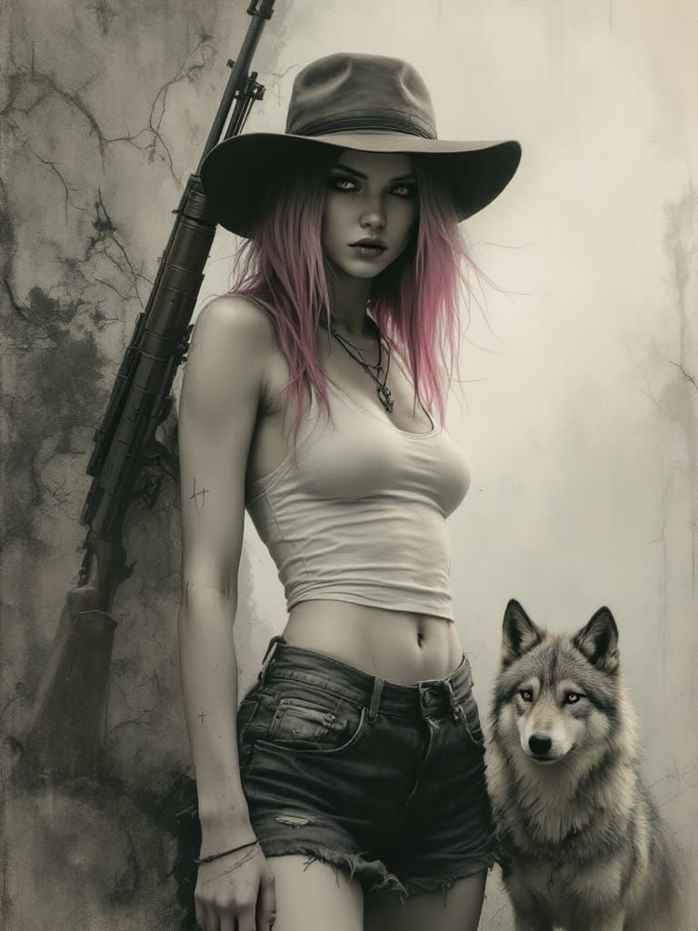 Punk Woman and Wolf in Foggy Woodland Pastel-Charcoal