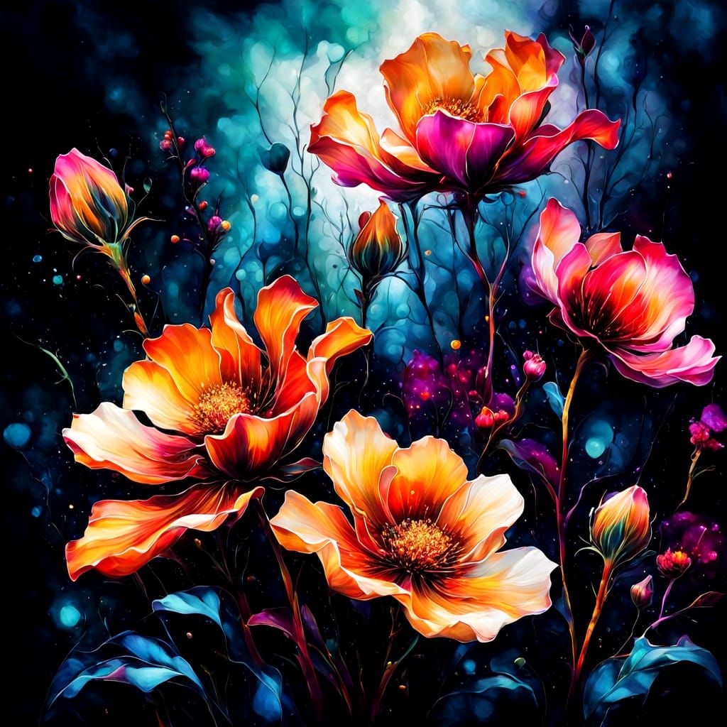 Ethereal Glowing Flowers in Mysterious Night Landscape