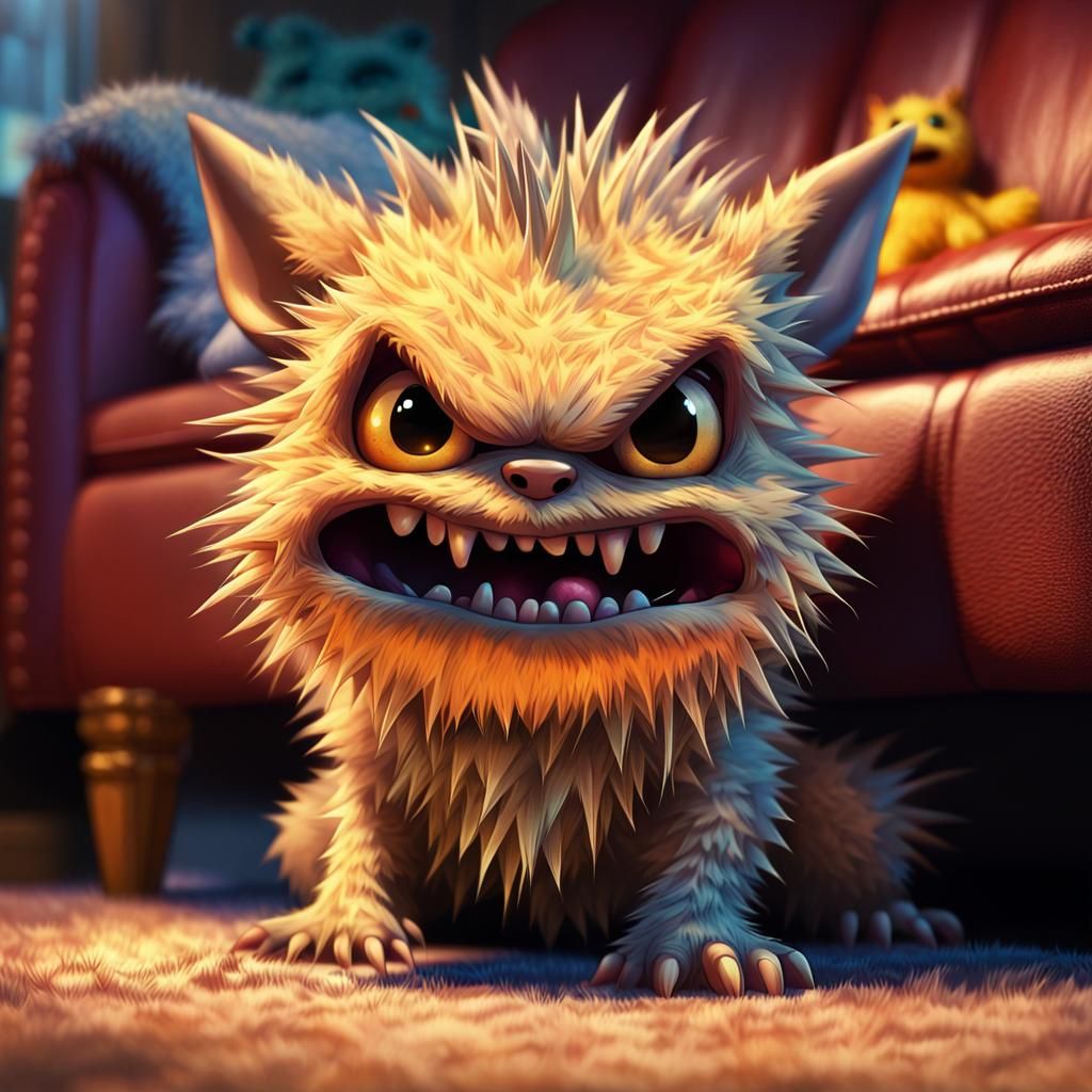 Chibi Monster Hiding Under Couch: Digital Painting