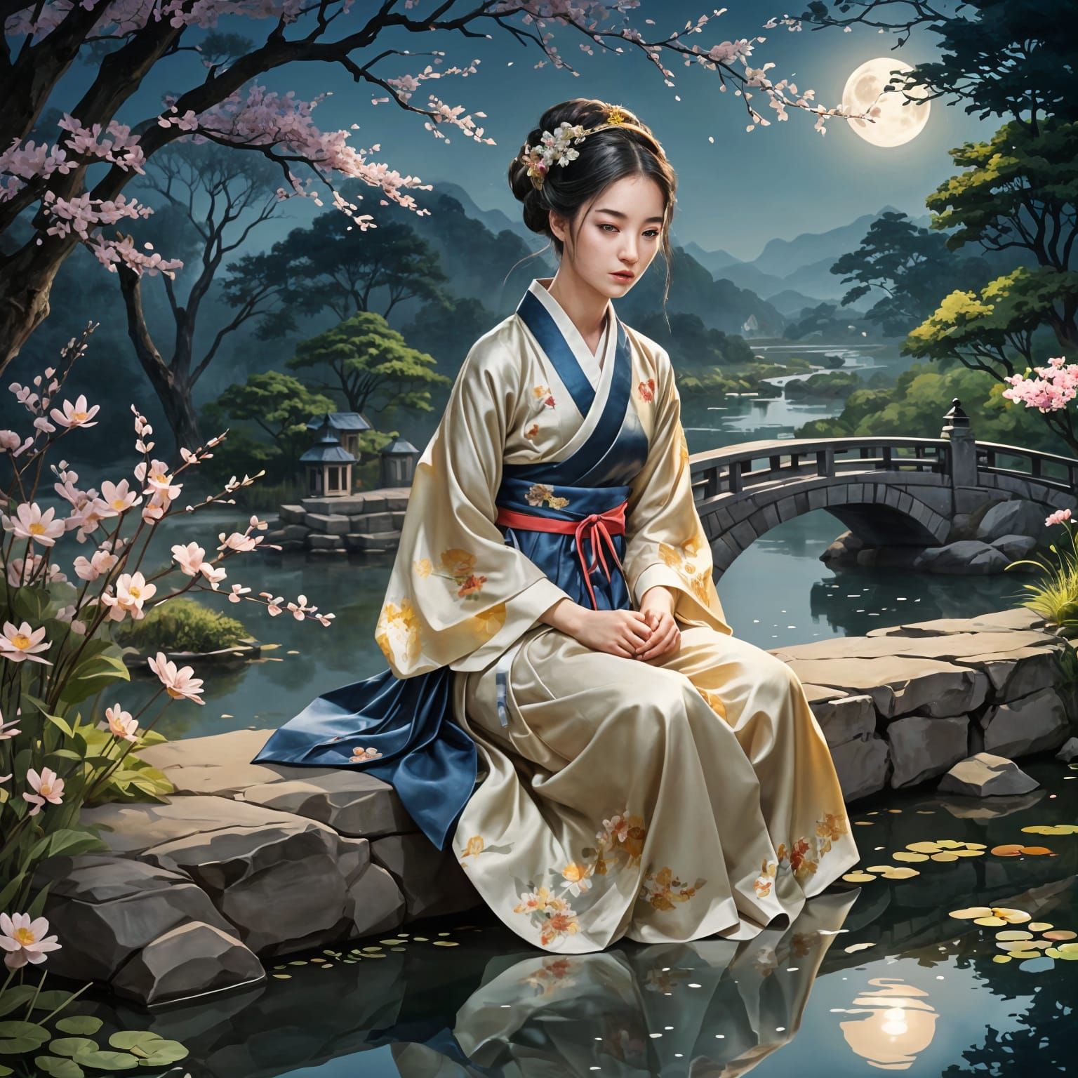 Joseon Lady in Moonlight: Detailed Anime-Style Portrait