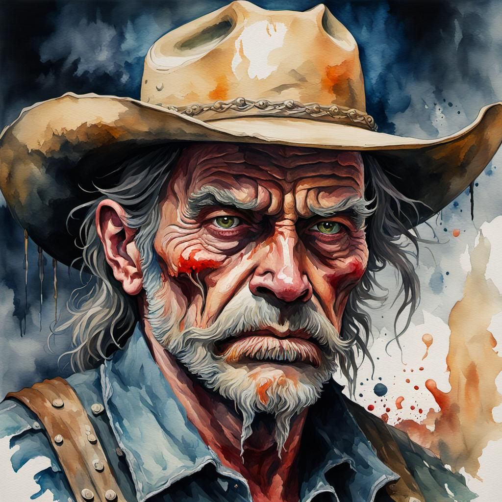Grotesque Cowboy: Decaying Psychotic Face in Watercolor