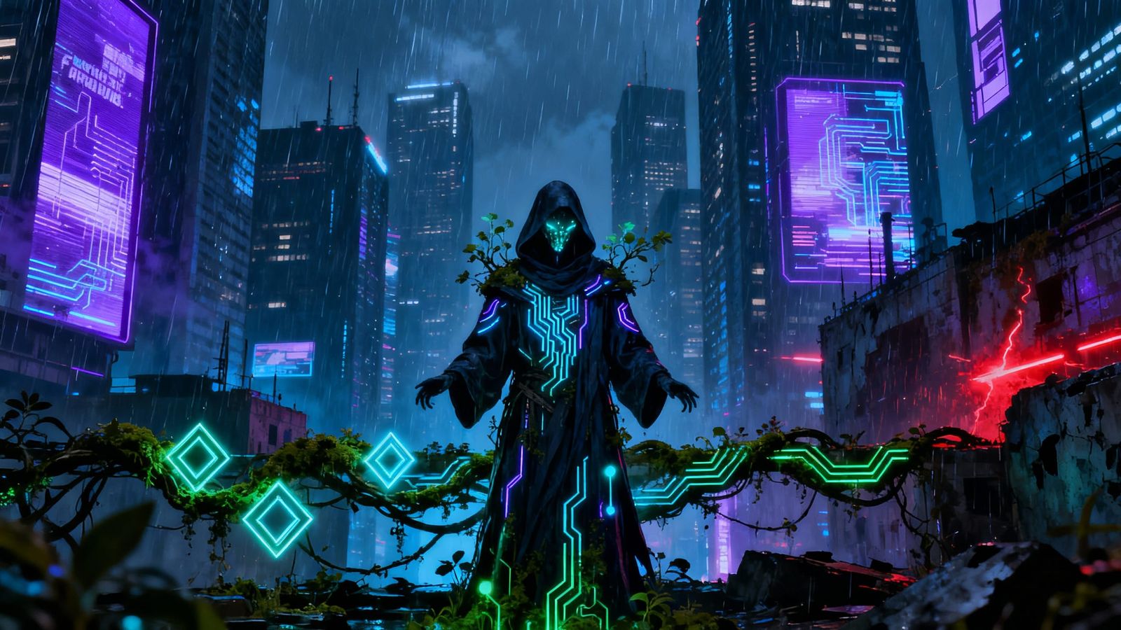 Cyberpunk Cityscape with Futuristic Druid