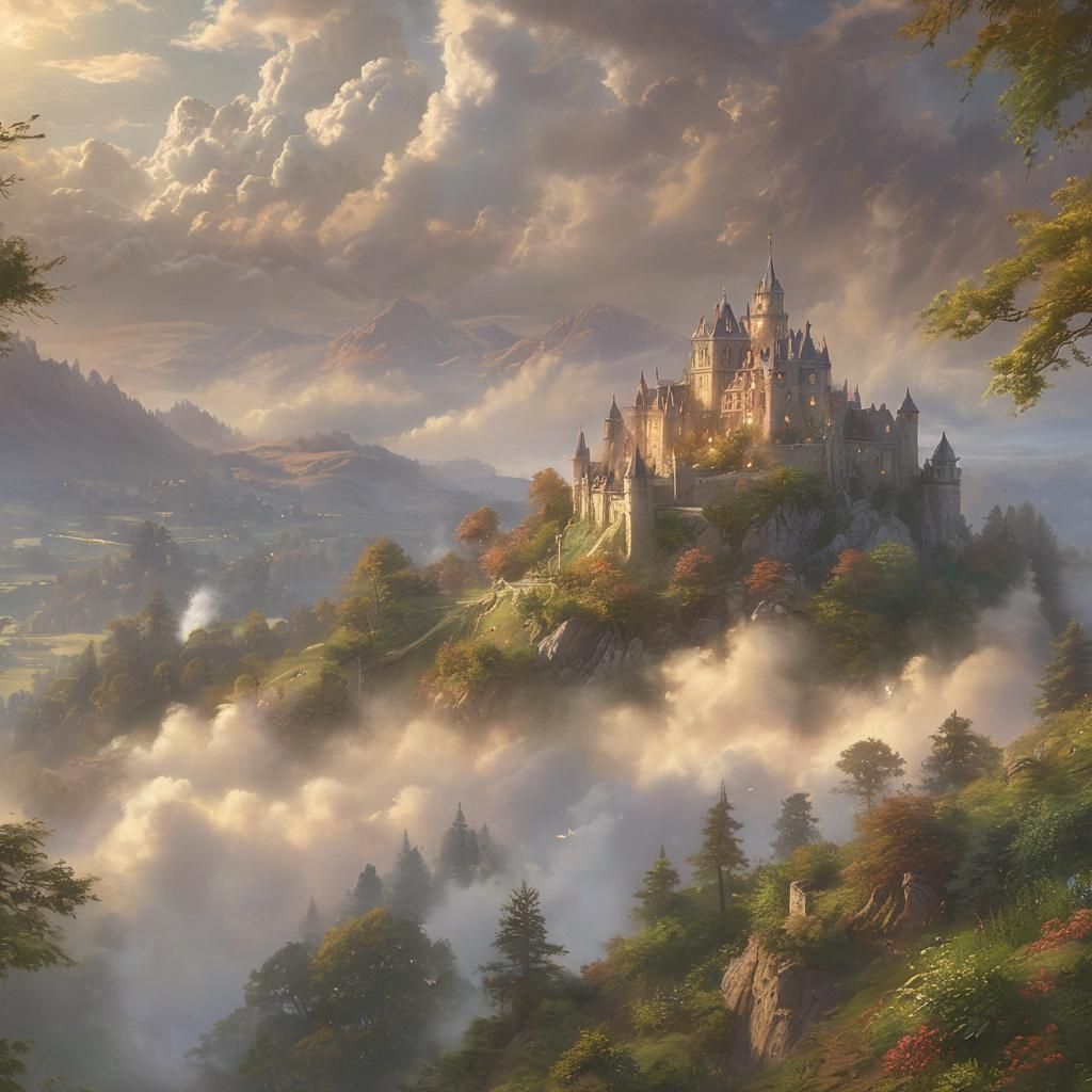 Ethereal Castle Landscape in Dreamy, Romantic Style
