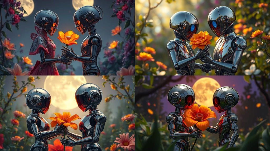 Chrome Robots Meeting in Romantic Landscape