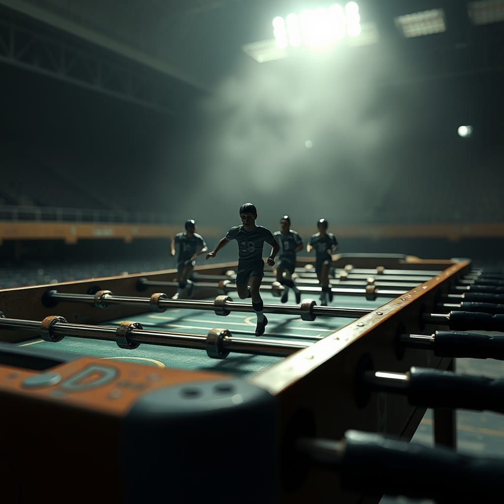 Hyperrealistic Miniature Football Players on Foosball Table