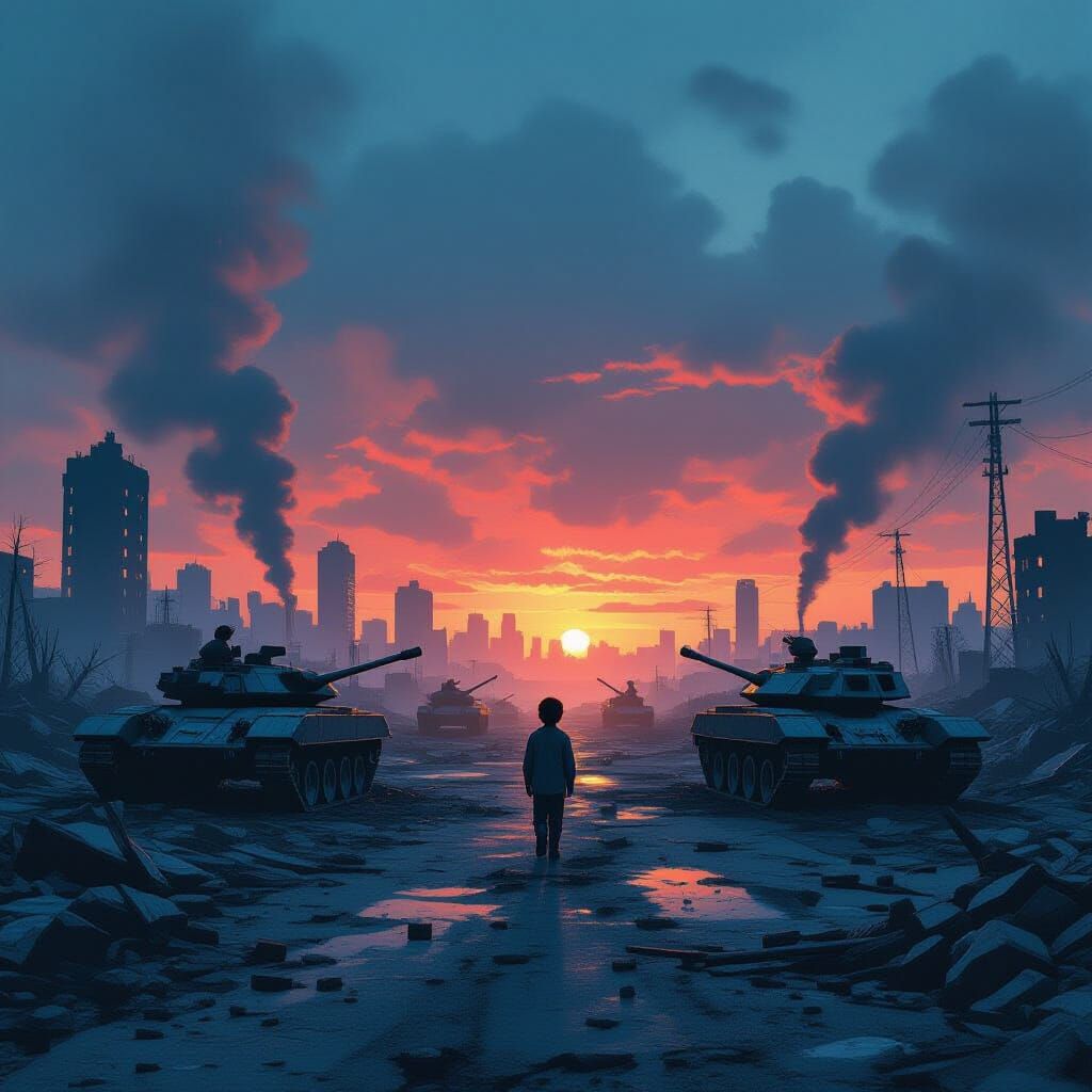 Dystopian Warscape with Child Silhouette in Matte Painting S...