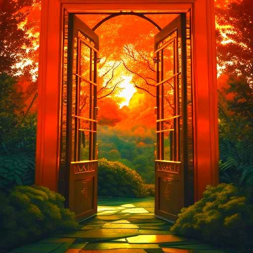 Terracotta Trees and Crystal Archway Under Gold Sky