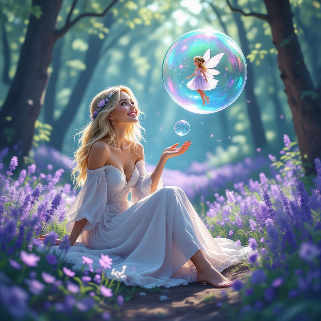 Woman in Purple Flower Forest with Fairy Bubble