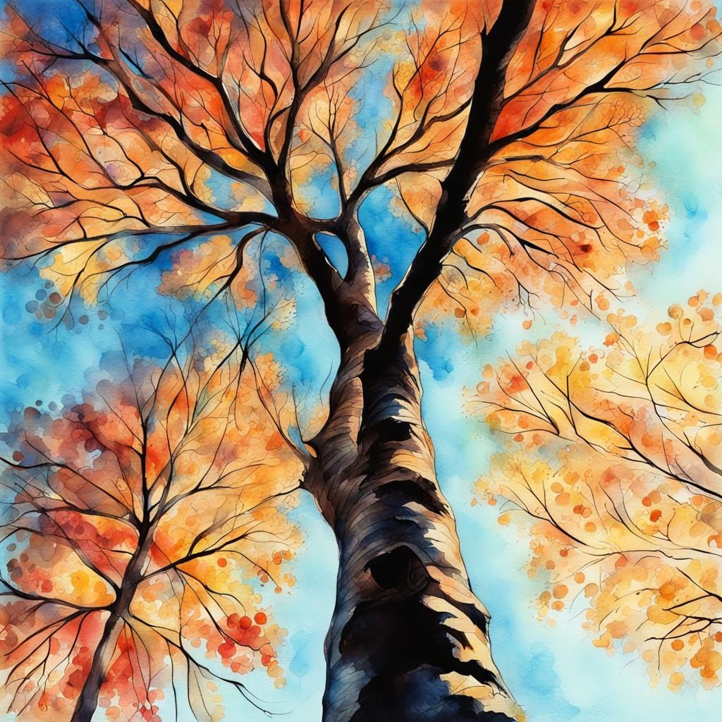 Backlit Maple Tree in Autumn: Watercolor Post-Impressionism