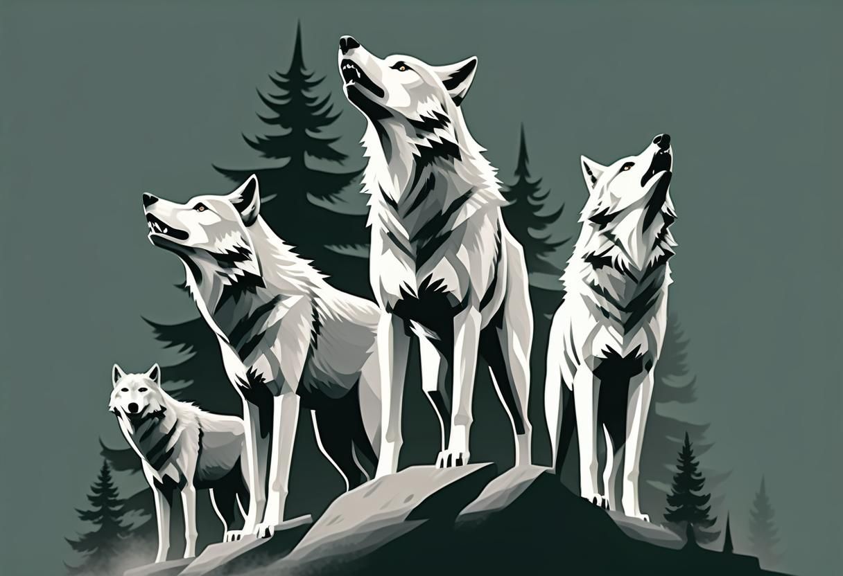 Ethereal Wolves in Misty Forest: Watercolor Concept Art