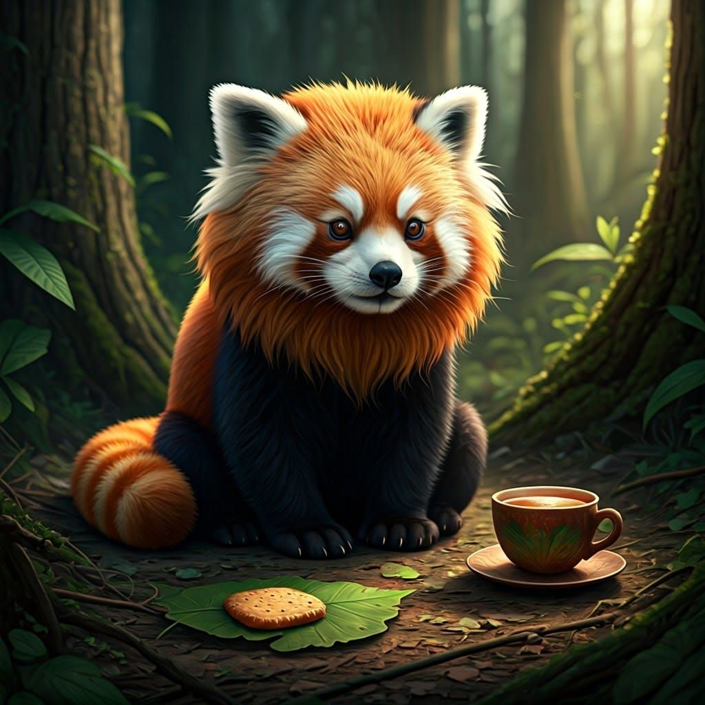 Red Panda Lion Hybrid Teatime, Fantasy Concept Art