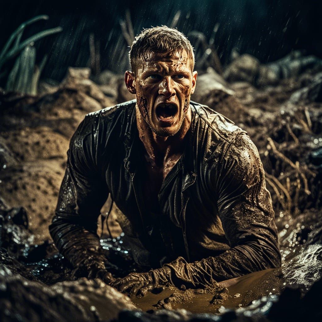 Man Trapped in Quicksand: Cinematic Film Still