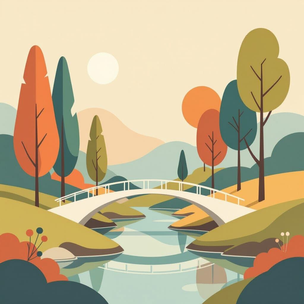 Mid-Century Modern Landscape with Geometric Trees