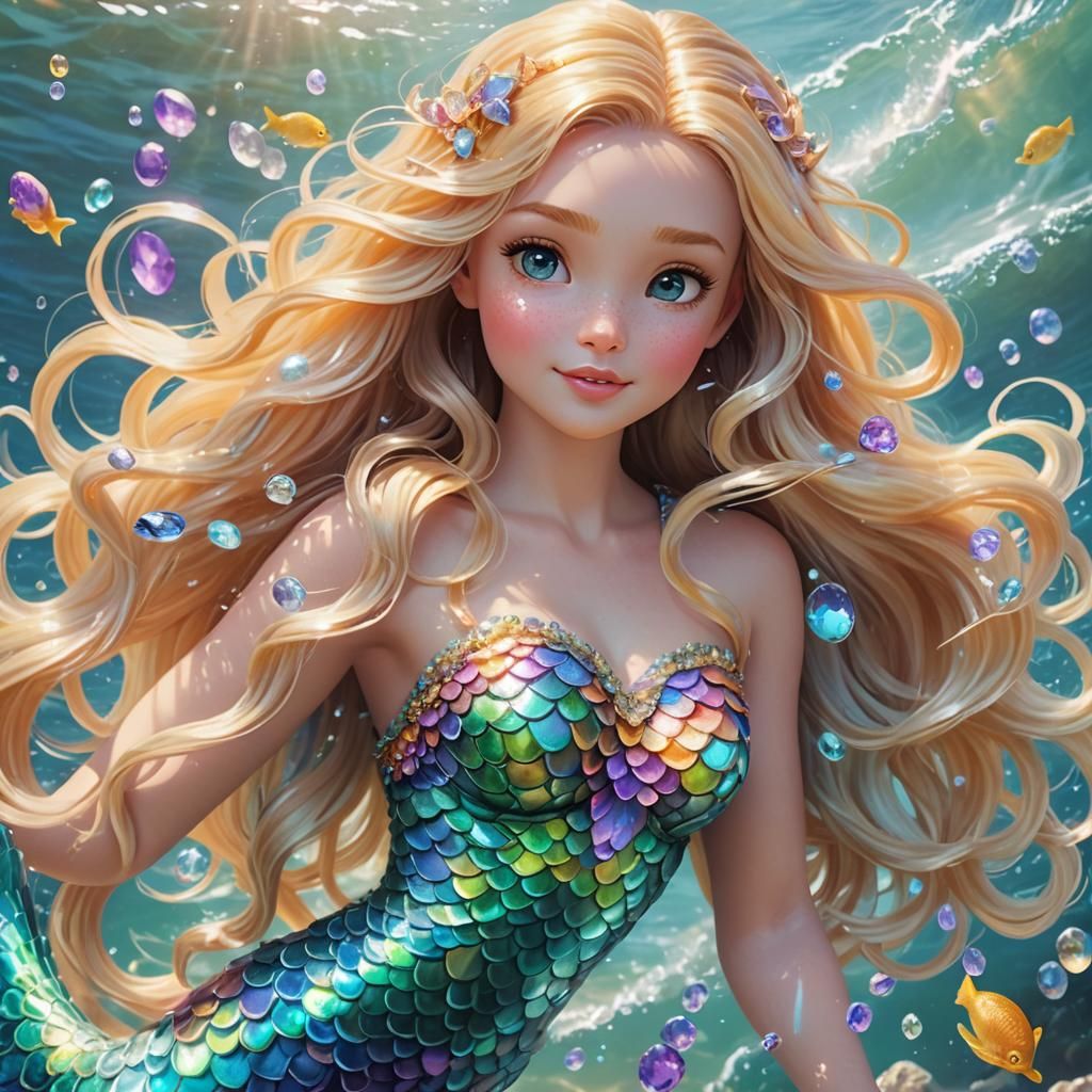 Pixar Mermaid with Shimmering Scales by the Shore