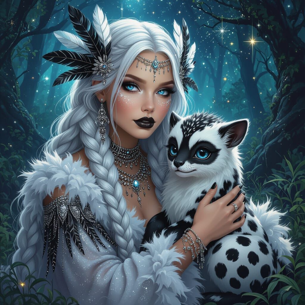 A whimsical woman, long, braided, silver hair adorned with b...