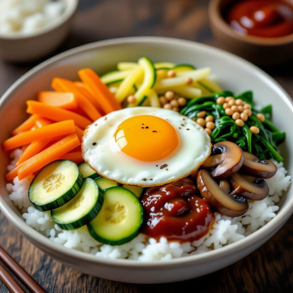 Vibrant Photorealistic Bibimbap with Sunny-Side-Up Egg