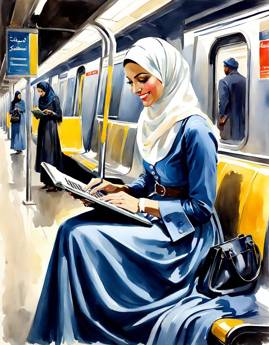 Hijabi Girl in Subway, Watercolor Portrait