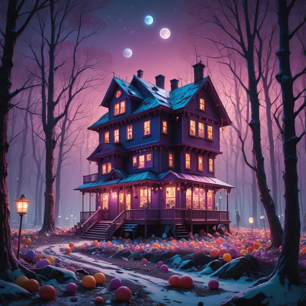 Enchanted Candy House in Moonlit Forest