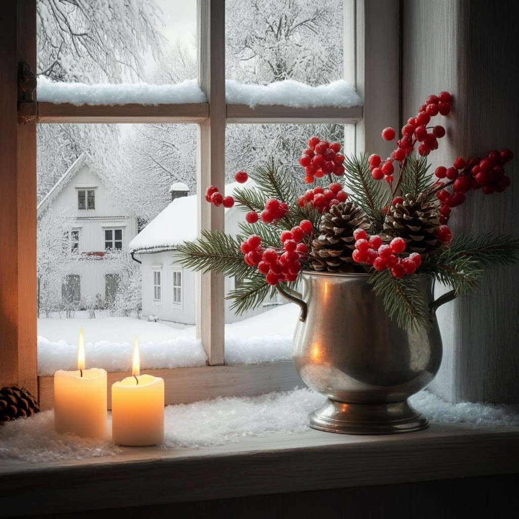 Winter Wonderland Scene with Pinecones and Berries
