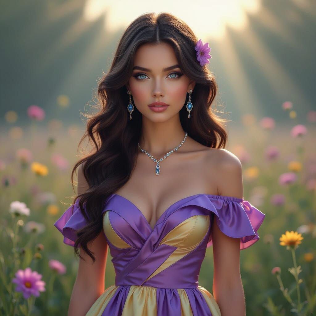 Brunette in Flower Field: 3D Digital Art