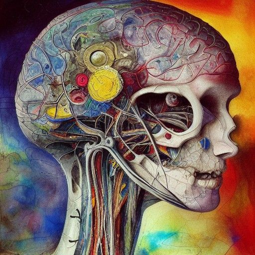 Anatomical Brain Cross-Section as Mixed Media Painting