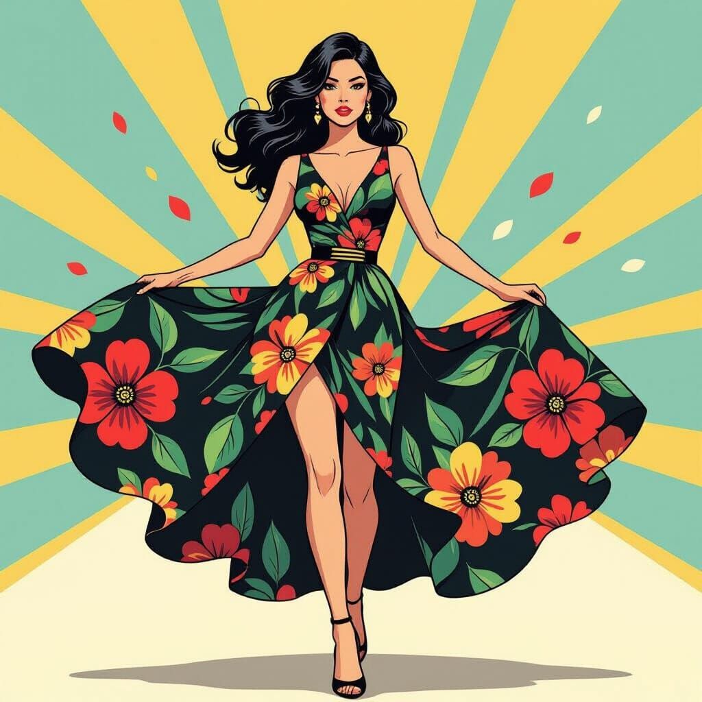 Comic Style Fashion Illustration: Woman with Floral Motifs