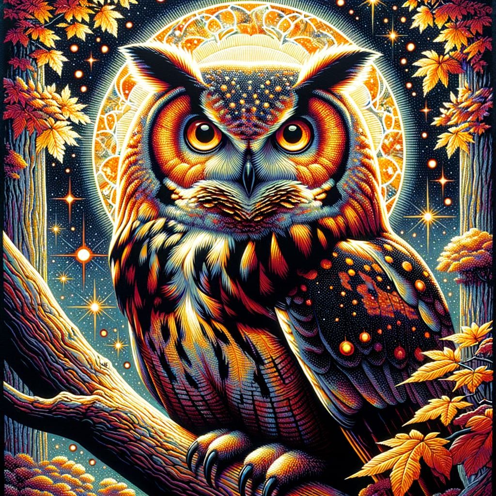 Striking ornate owl with symbolic sun and stars behind it.