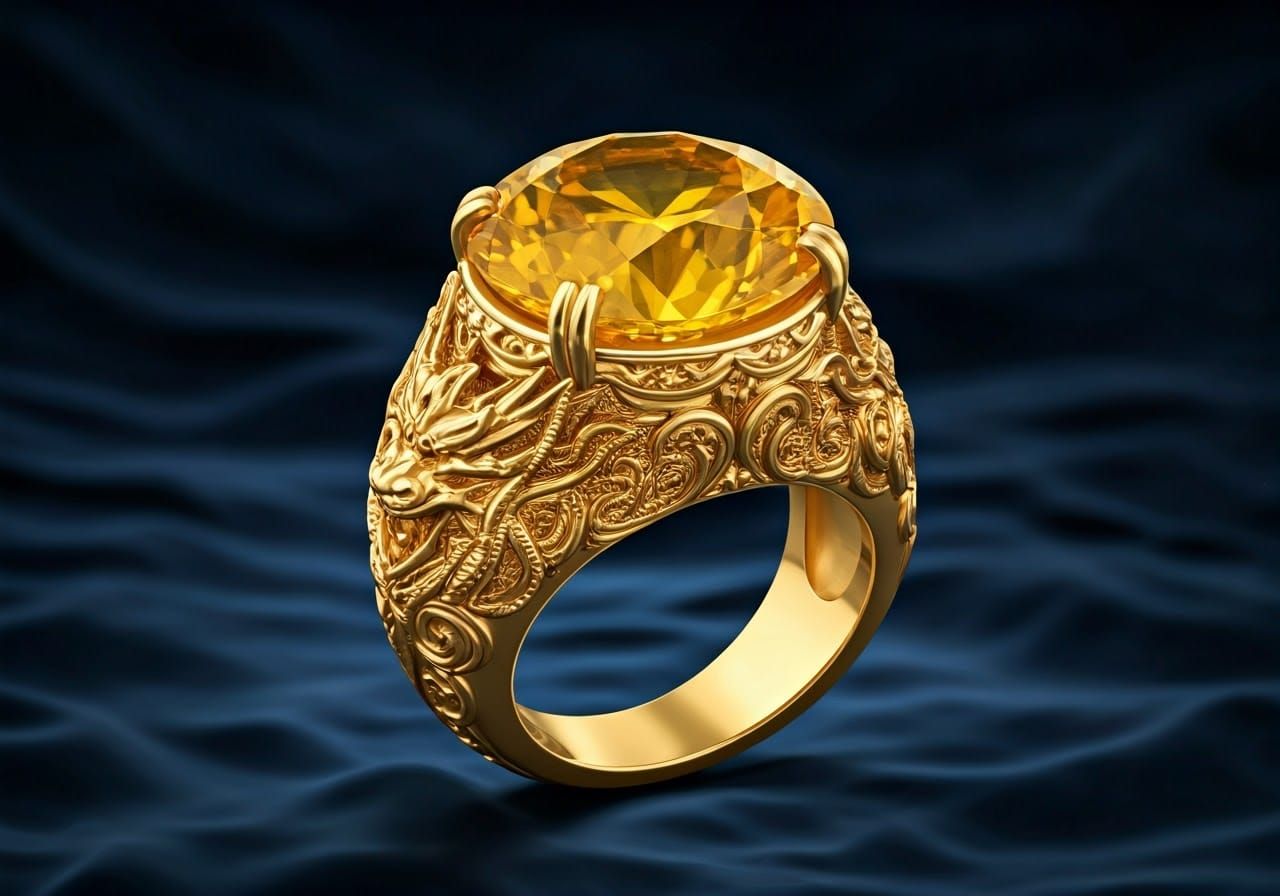 Majestic Golden Ring with Vibrant Yellow Sapphire in Dark Fa...