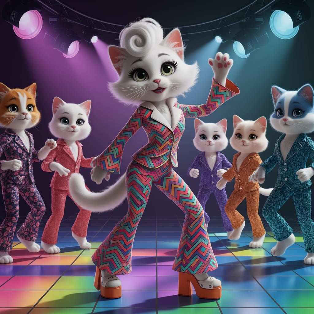 Cute Anamorphic Cat Disco Dance in 70s Style