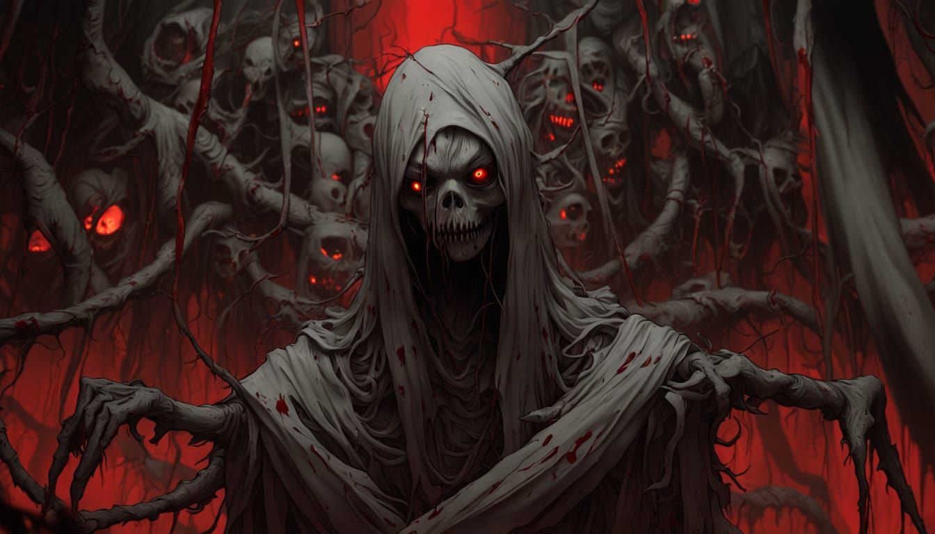 Distorted Digital Horror Phantom in Crimson Haze