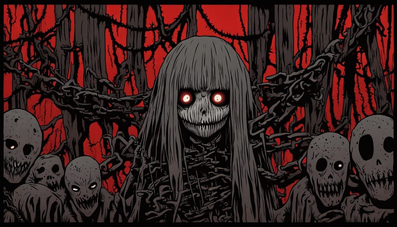 Distorted Gothic Horror Portrait in Crimson Haze