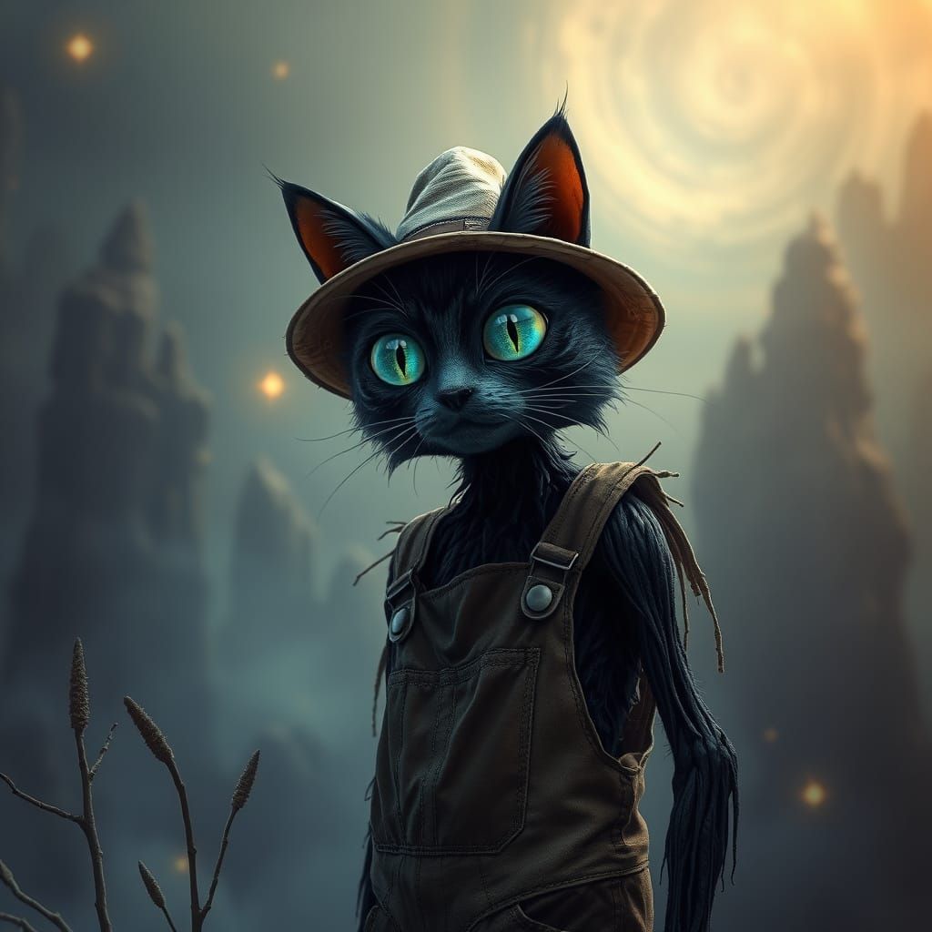 Eerie Black Cat Scarecrow with Glowing Skin
