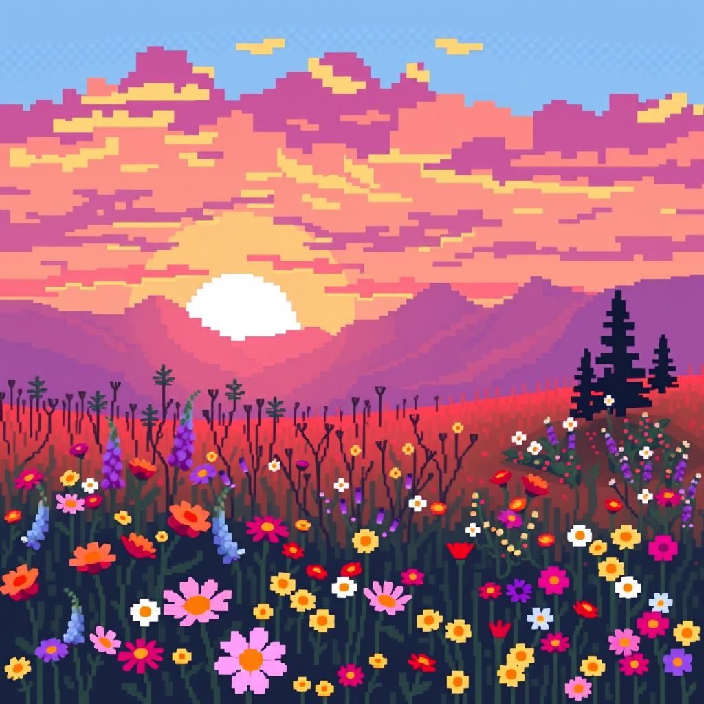Pixel Art Spring Meadow at Sunrise