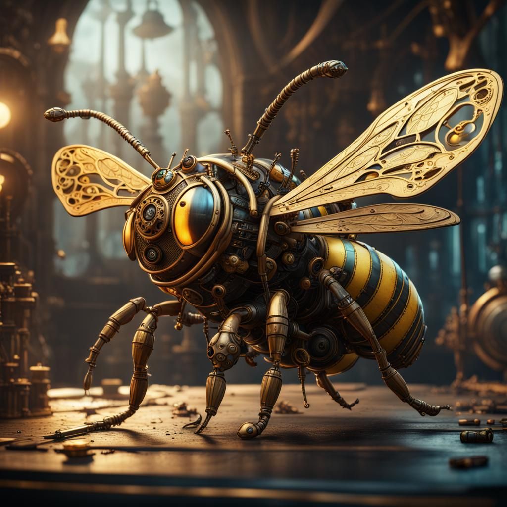 Steampunk Bee in Detailed Matte Painting Style